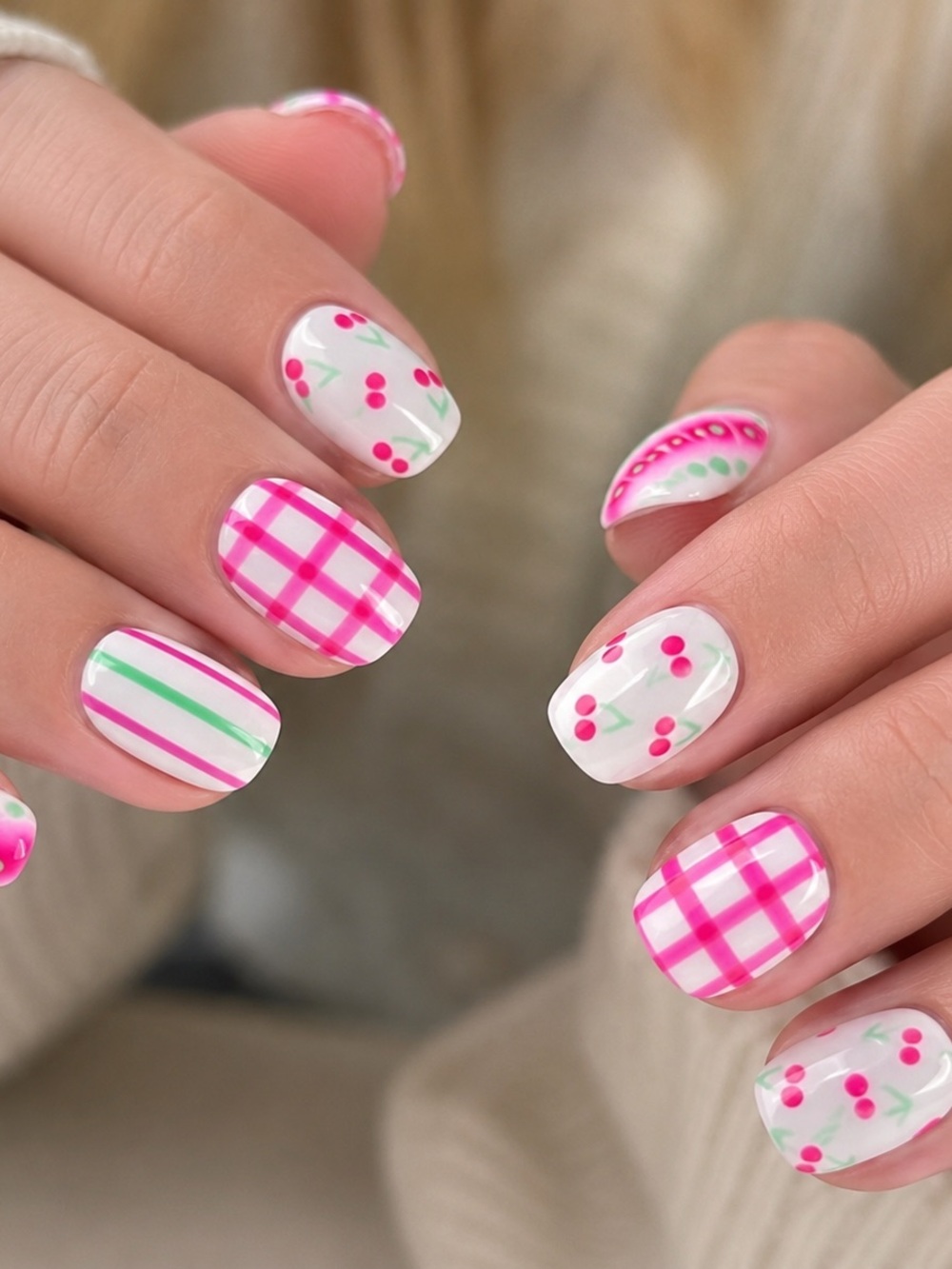 🍒 Cherry Picnic Press On Nails | 24 Piece Short Square Nails